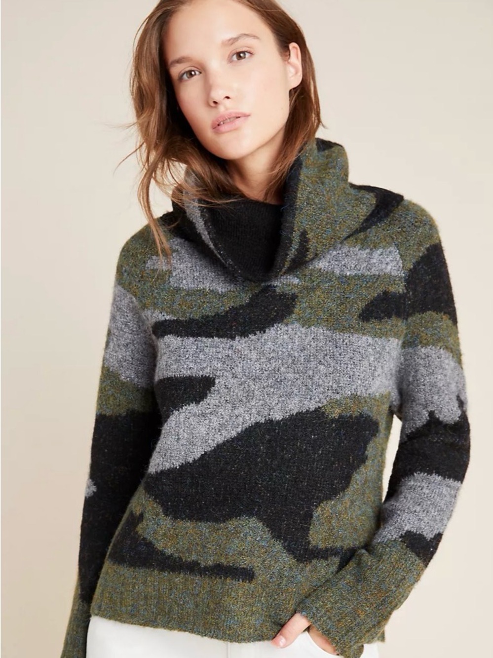 Anthropologie Green and Black Cowl Neck Sweater